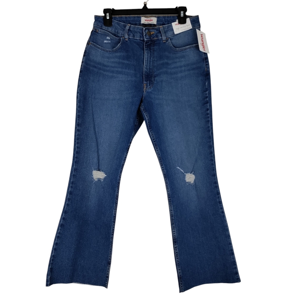 Wrangler High-rise Kick Flare Size 10 Medium Wash Blue Distressed Denim Jeans